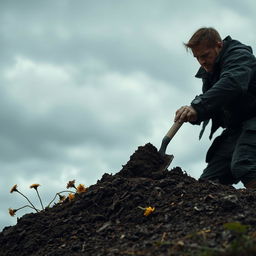 A dramatic scene depicting a man shoveling dirt into a grave