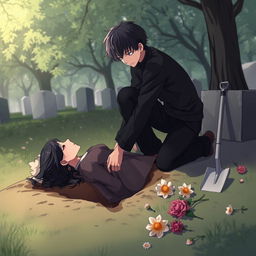 A male character in an anime style, kneeling next to a grave, carefully placing a deceased woman into a hole in the ground