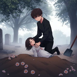 A male character in an anime style, kneeling next to a grave, carefully placing a deceased woman into a hole in the ground