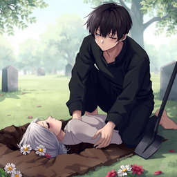 A male character in an anime style, kneeling next to a grave, carefully placing a deceased woman into a hole in the ground