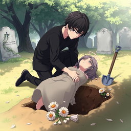A male character in an anime style, kneeling next to a grave, carefully placing a deceased woman into a hole in the ground