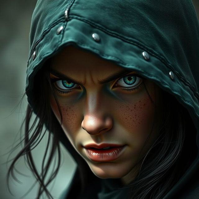 An intense portrait of a half-elf woman, her soft features sharply contrasting with her extremely angry expression