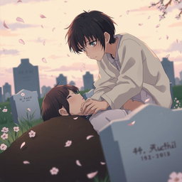 A young man burying a deceased woman in a grave, depicted in a stylized anime art form