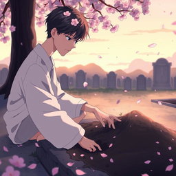 A young man burying a deceased woman in a grave, depicted in a stylized anime art form