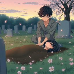 A young man burying a deceased woman in a grave, depicted in a stylized anime art form