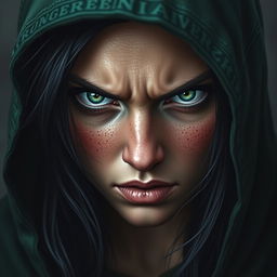 An intense portrait of a half-elf woman, showcasing her soft features marred by an expression of extreme anger