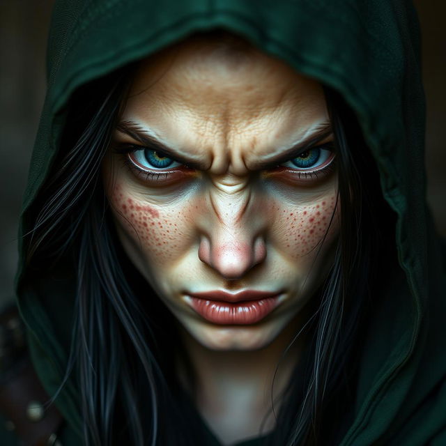 An intense portrait of a half-elf woman, showcasing her soft features marred by an expression of extreme anger