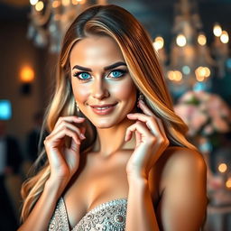 A stunning portrait of a woman with long flowing hair, wearing an elegant evening gown that sparkles under the soft glow of ambient lighting