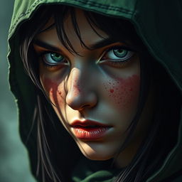 A captivating portrait of a half-elf woman, embodying a bloodthirsty demeanor while retaining her soft features