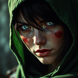 A captivating portrait of a half-elf woman, embodying a bloodthirsty demeanor while retaining her soft features