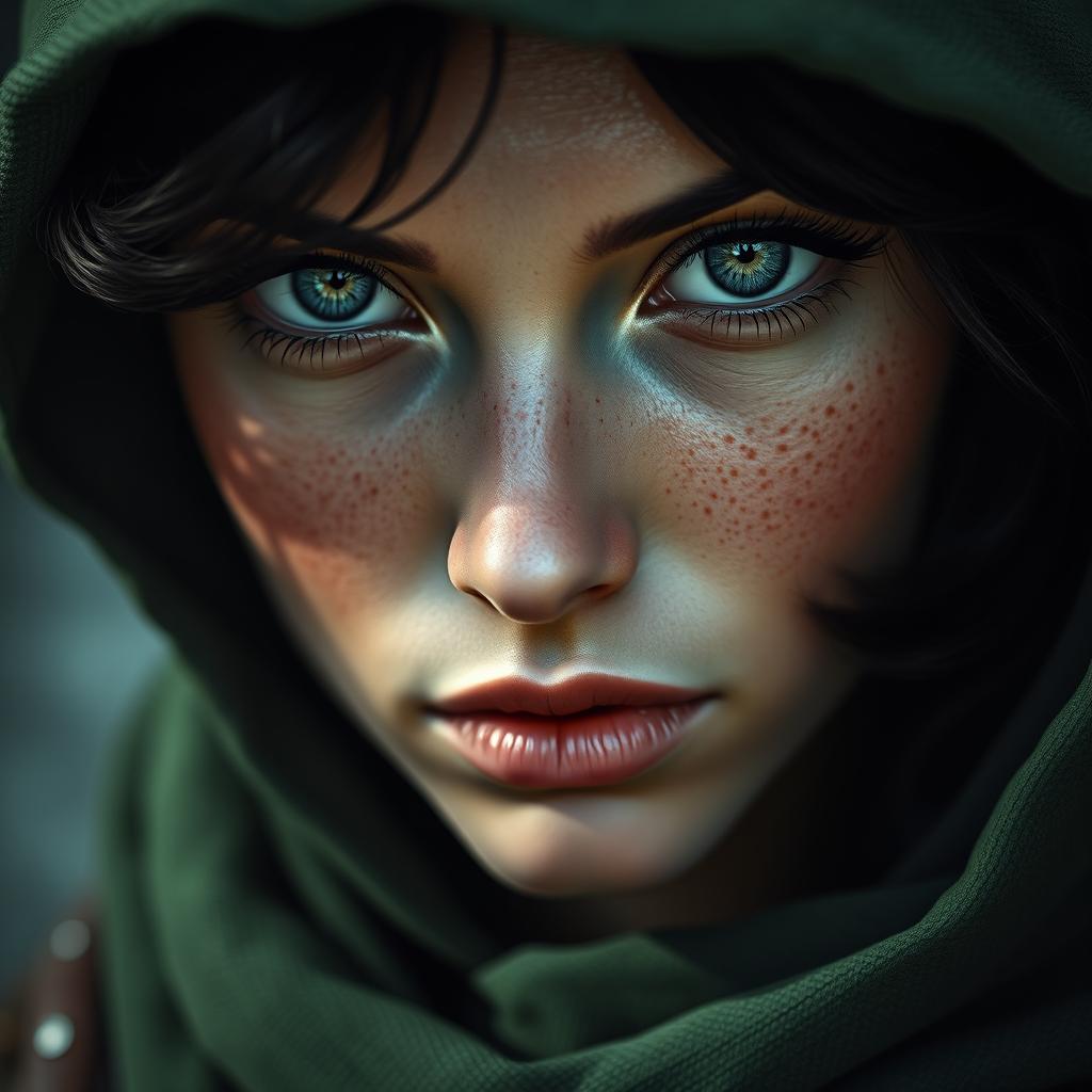 A captivating portrait of a half-elf woman embodying both beauty and a bloodthirsty demeanor