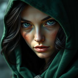 A captivating portrait of a half-elf woman embodying both beauty and a bloodthirsty demeanor