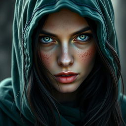 A mesmerizing portrait of a half-elf woman, embodying the essence of a bloodthirsty seductress