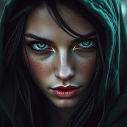 A mesmerizing portrait of a half-elf woman, embodying the essence of a bloodthirsty seductress