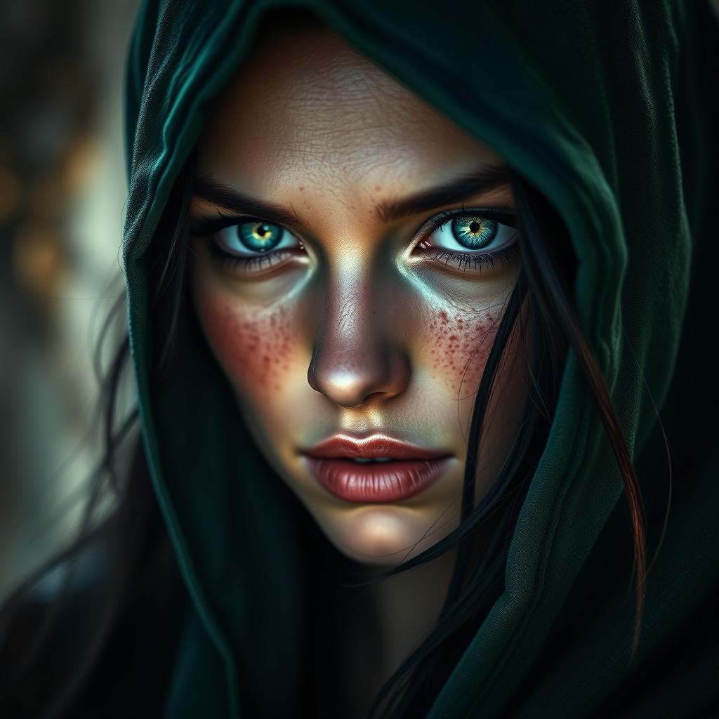 A mesmerizing portrait of a half-elf woman, embodying the essence of a bloodthirsty seductress