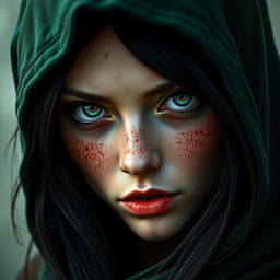 A striking portrait of a half-elf woman who exudes a bloodthirsty aura while showcasing her soft features