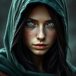 A striking portrait of a half-elf woman who exudes a bloodthirsty aura while showcasing her soft features