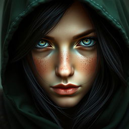 A striking portrait of a half-elf woman who exudes a bloodthirsty aura while showcasing her soft features