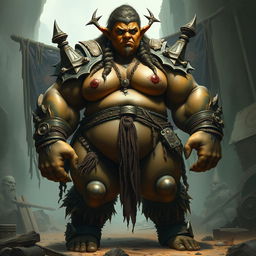 A powerful female Orc chieftain stands proudly, showcasing her massive, muscular form that embodies both strength and femininity