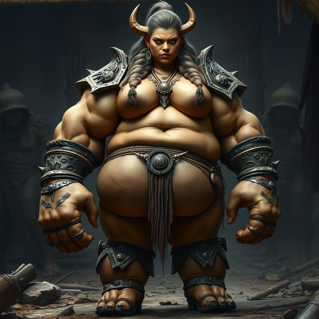 A powerful female Orc chieftain stands proudly, showcasing her massive, muscular form that embodies both strength and femininity