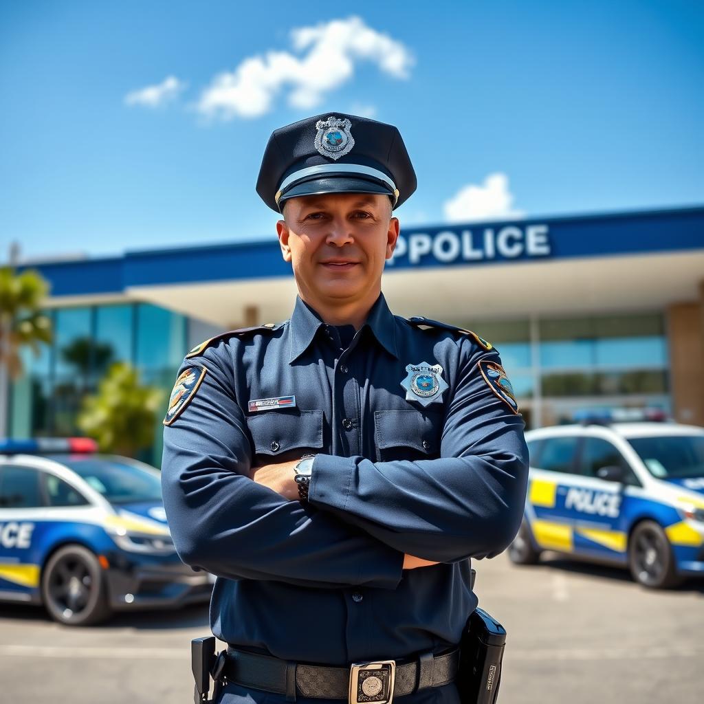 A detailed image of a police officer standing proudly in front of a police station, wearing a sharp navy blue uniform with a badge glinting in the sunlight