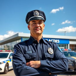 A detailed image of a police officer standing proudly in front of a police station, wearing a sharp navy blue uniform with a badge glinting in the sunlight