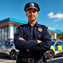 A detailed image of a police officer standing proudly in front of a police station, wearing a sharp navy blue uniform with a badge glinting in the sunlight