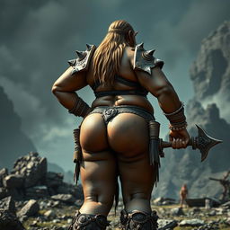 A formidable female Orc chieftain stands boldly, showcasing her slim thick and voluptuous curves, which contrast sharply with her immense strength