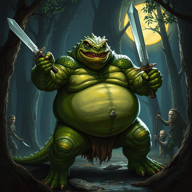 An imposing, obese lizardfolk character from Dungeons & Dragons 5e, with vibrant green scales and a rugged appearance, fiercely wielding two gleaming short swords