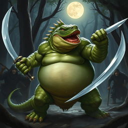 An imposing, obese lizardfolk character from Dungeons & Dragons 5e, with vibrant green scales and a rugged appearance, fiercely wielding two gleaming short swords