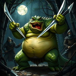 An imposing, obese lizardfolk character from Dungeons & Dragons 5e, with vibrant green scales and a rugged appearance, fiercely wielding two gleaming short swords