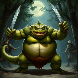 An imposing, obese lizardfolk character from Dungeons & Dragons 5e, with vibrant green scales and a rugged appearance, fiercely wielding two gleaming short swords