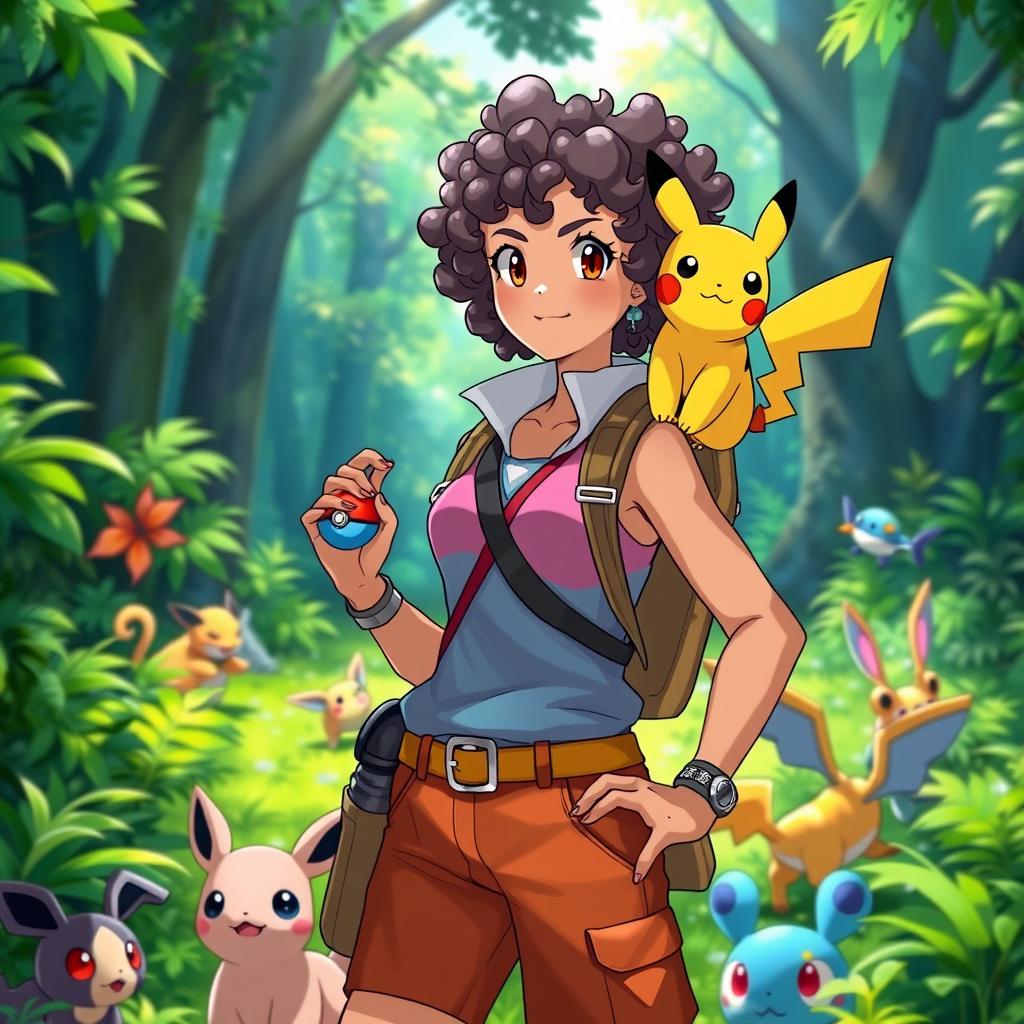 A vibrant and dynamic scene featuring a female Pokémon trainer with curly hair, wearing a stylish and colorful outfit suited for an adventurous journey