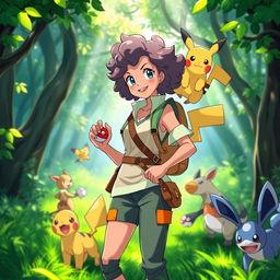 A vibrant and dynamic scene featuring a female Pokémon trainer with curly hair, wearing a stylish and colorful outfit suited for an adventurous journey