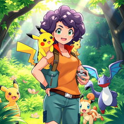 A vibrant and dynamic scene featuring a female Pokémon trainer with curly hair, wearing a stylish and colorful outfit suited for an adventurous journey