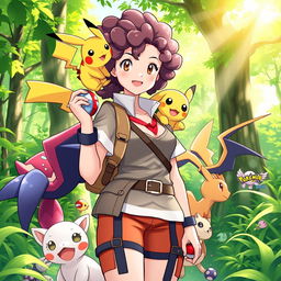 A vibrant and dynamic scene featuring a female Pokémon trainer with curly hair, wearing a stylish and colorful outfit suited for an adventurous journey