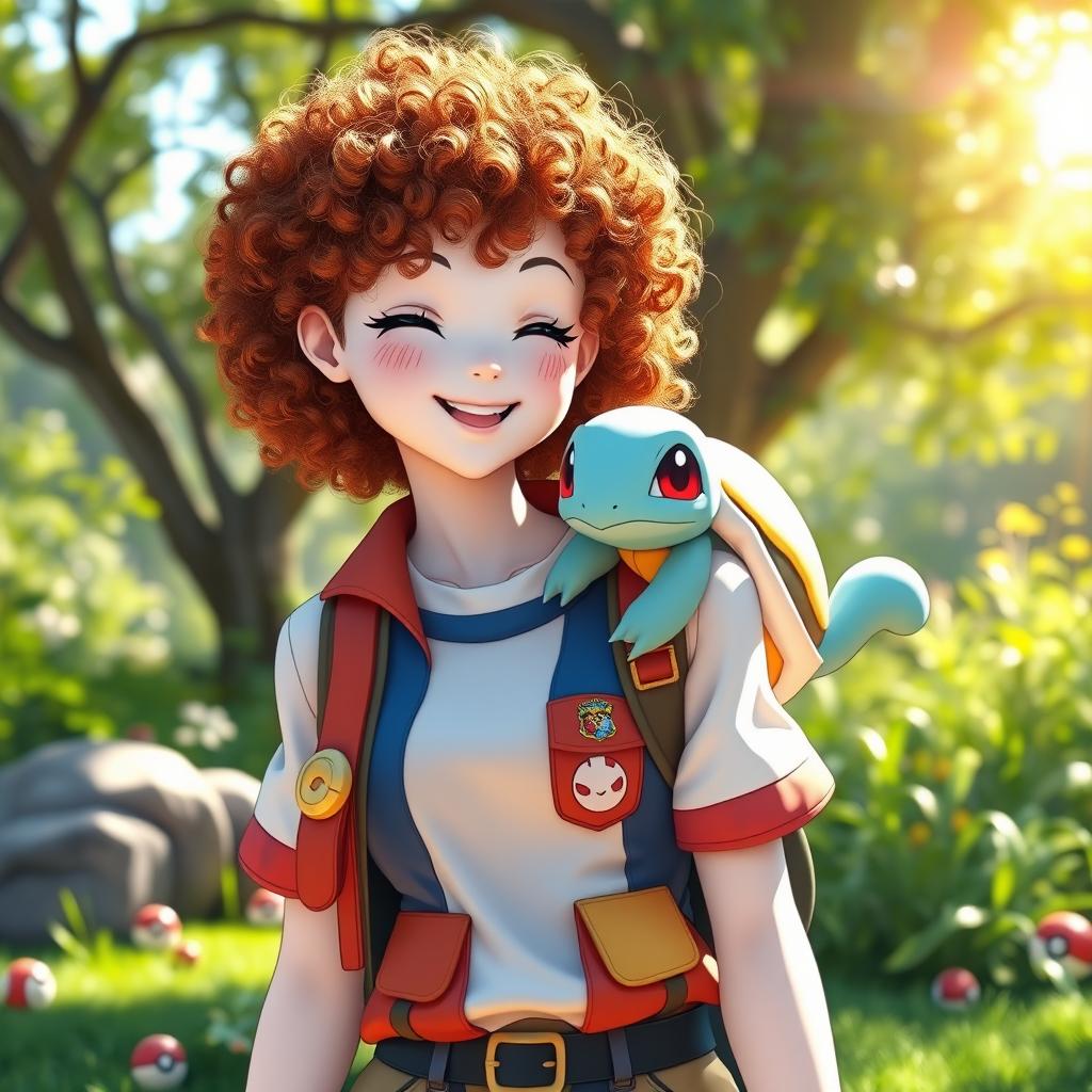 A bronze curly-haired female Pokémon trainer with white skin and freckles, wearing a colorful and stylish trainer outfit that features pockets and various Pokémon badges