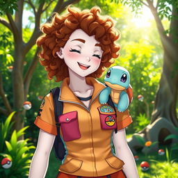 A bronze curly-haired female Pokémon trainer with white skin and freckles, wearing a colorful and stylish trainer outfit that features pockets and various Pokémon badges