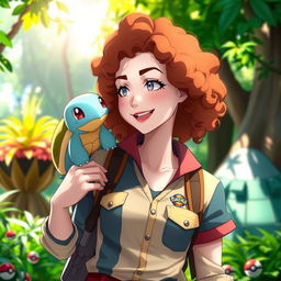 A bronze curly-haired female Pokémon trainer with white skin and freckles, wearing a colorful and stylish trainer outfit that features pockets and various Pokémon badges