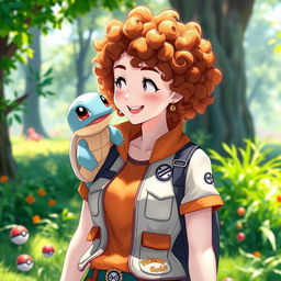 A bronze curly-haired female Pokémon trainer with white skin and freckles, wearing a colorful and stylish trainer outfit that features pockets and various Pokémon badges
