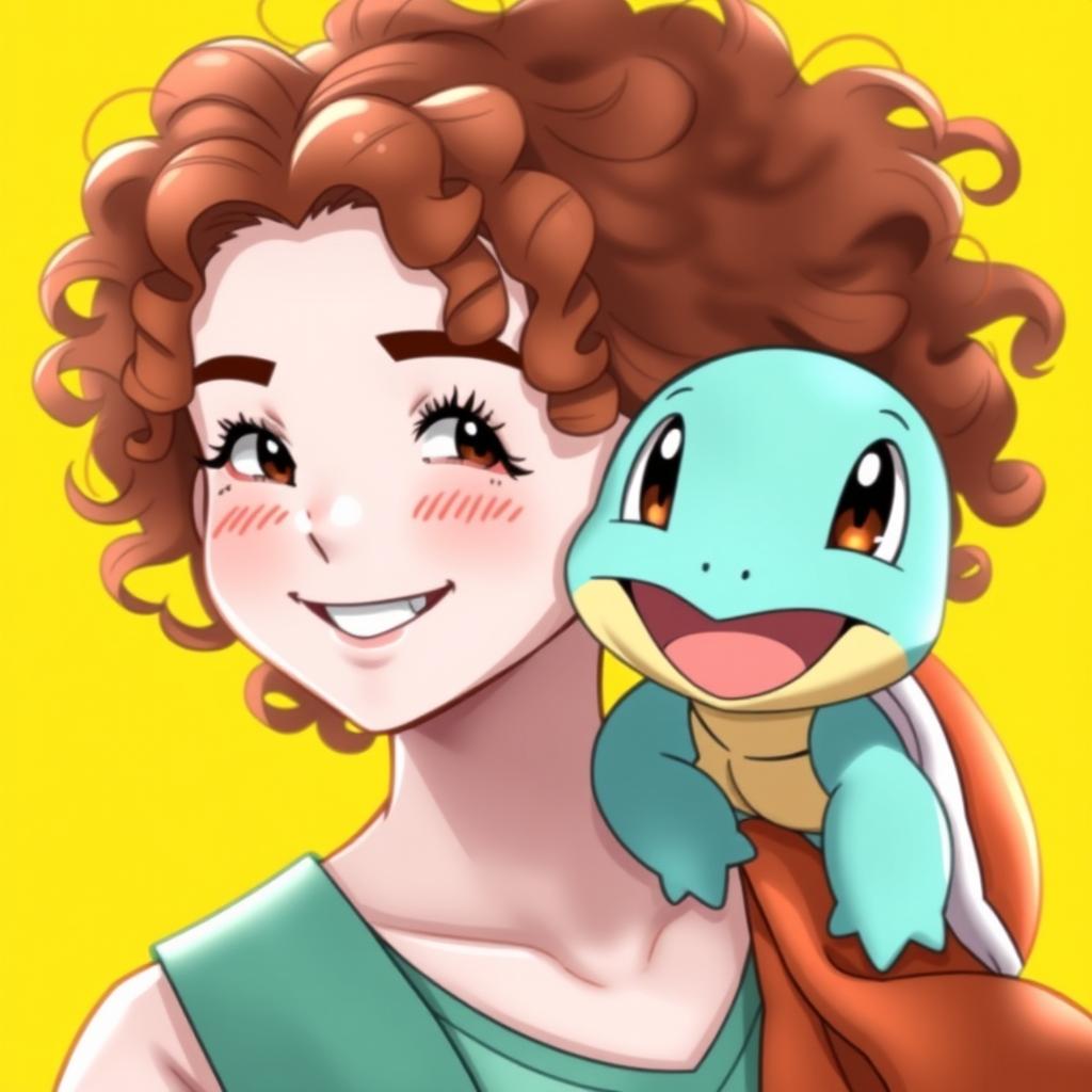 A bronze-haired female Pokémon trainer with curly hair, showcasing her white skin and adorable freckles