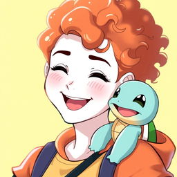A bronze-haired female Pokémon trainer with curly hair, showcasing her white skin and adorable freckles