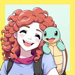 A bronze-haired female Pokémon trainer with curly hair, showcasing her white skin and adorable freckles