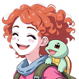 A bronze-haired female Pokémon trainer with curly hair, showcasing her white skin and adorable freckles