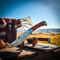 A classic Bocho Tuniado, a traditional Argentine knife, intricately designed with a beautifully curved blade and a vibrant handle made of colorful resin