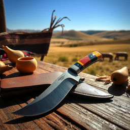 A classic Bocho Tuniado, a traditional Argentine knife, intricately designed with a beautifully curved blade and a vibrant handle made of colorful resin