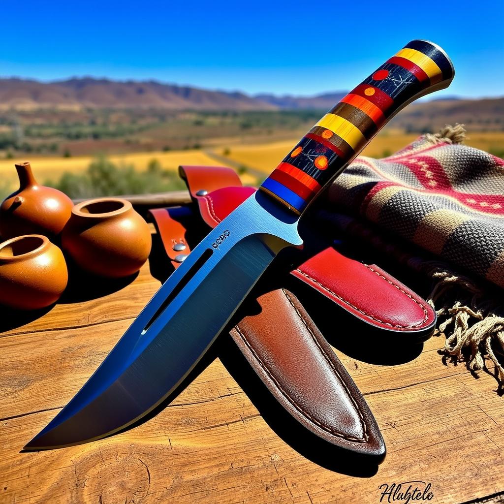A classic Bocho Tuniado, a traditional Argentine knife, intricately designed with a beautifully curved blade and a vibrant handle made of colorful resin