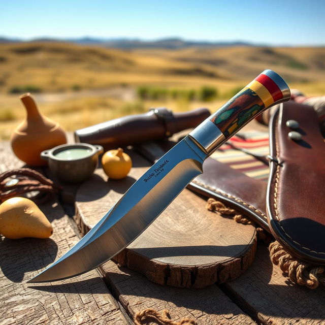 A classic Bocho Tuniado, a traditional Argentine knife, intricately designed with a beautifully curved blade and a vibrant handle made of colorful resin