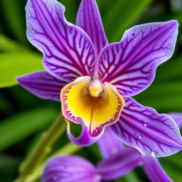 A stunning close-up of a vibrant flower, specifically a delicate and exotic-looking orchid, its petals adorned with intricate patterns in shades of deep purple and soft lavender