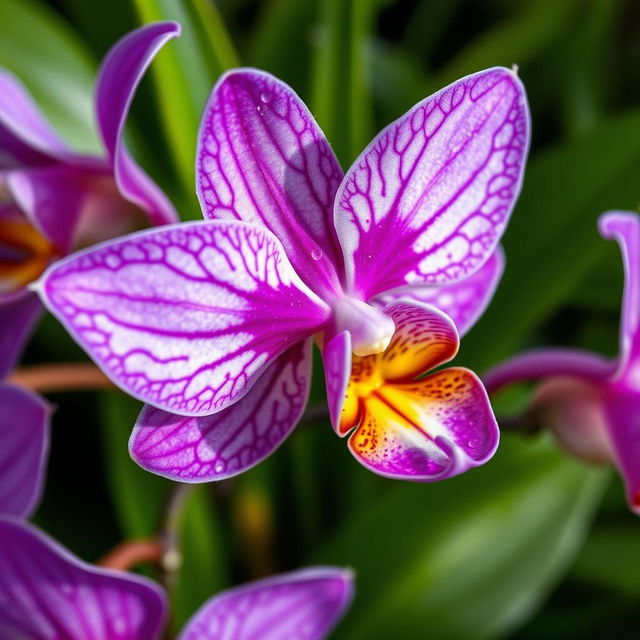 A stunning close-up of a vibrant flower, specifically a delicate and exotic-looking orchid, its petals adorned with intricate patterns in shades of deep purple and soft lavender